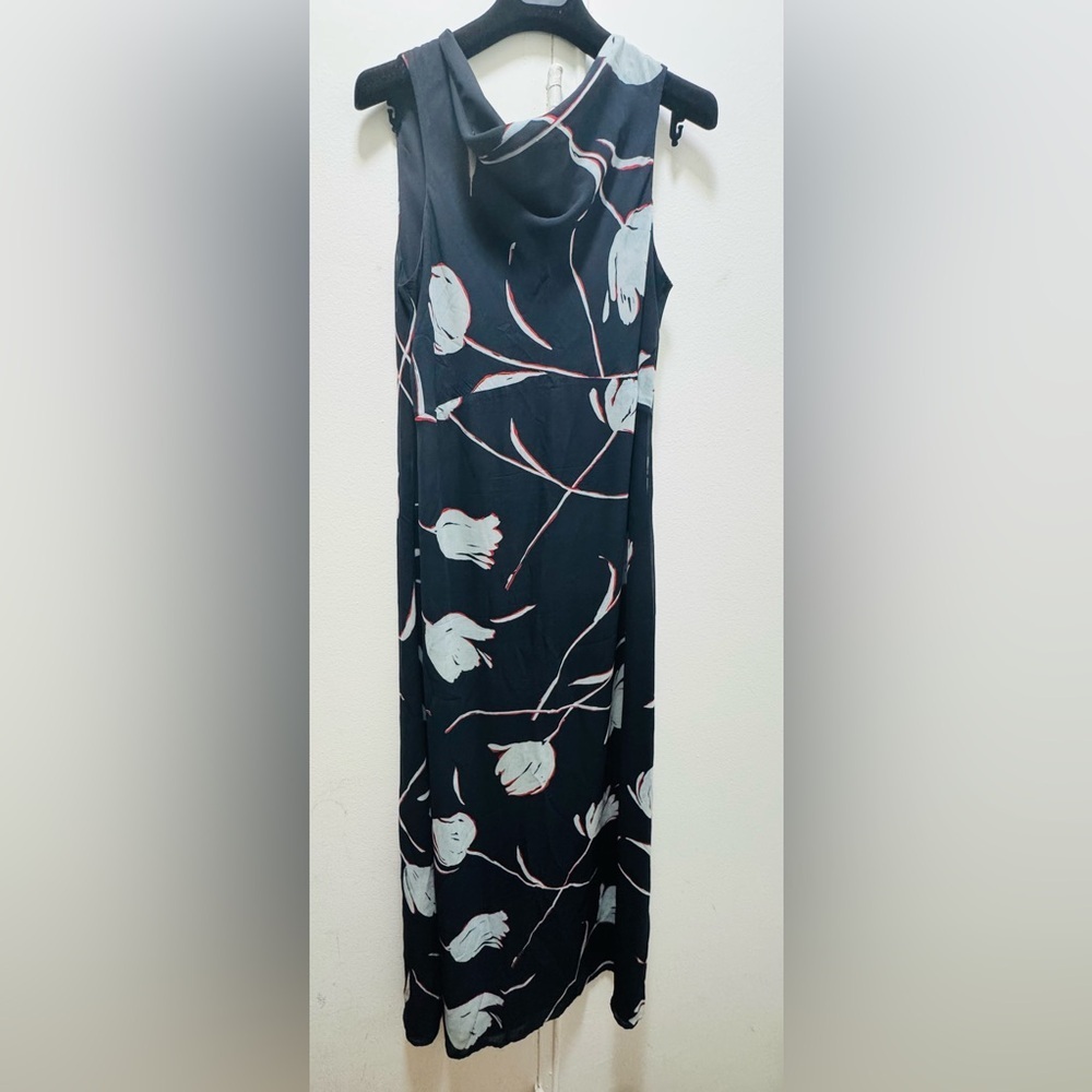 Y2K vintage liz claiborne dress 10 Tulips Print Navy Blue White Cream Red maxi